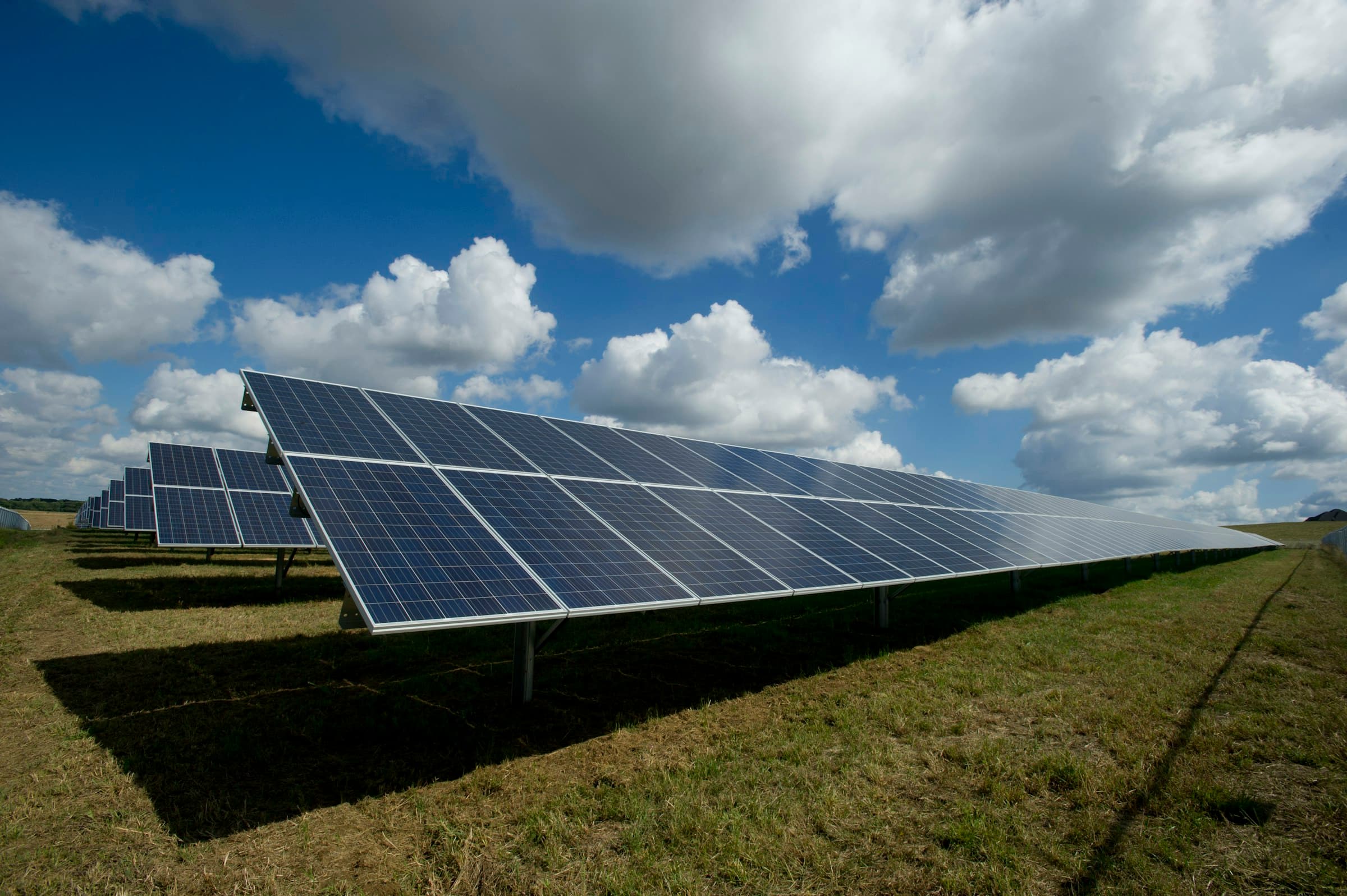 Aerial view of a clean-energy landscape at golden hour